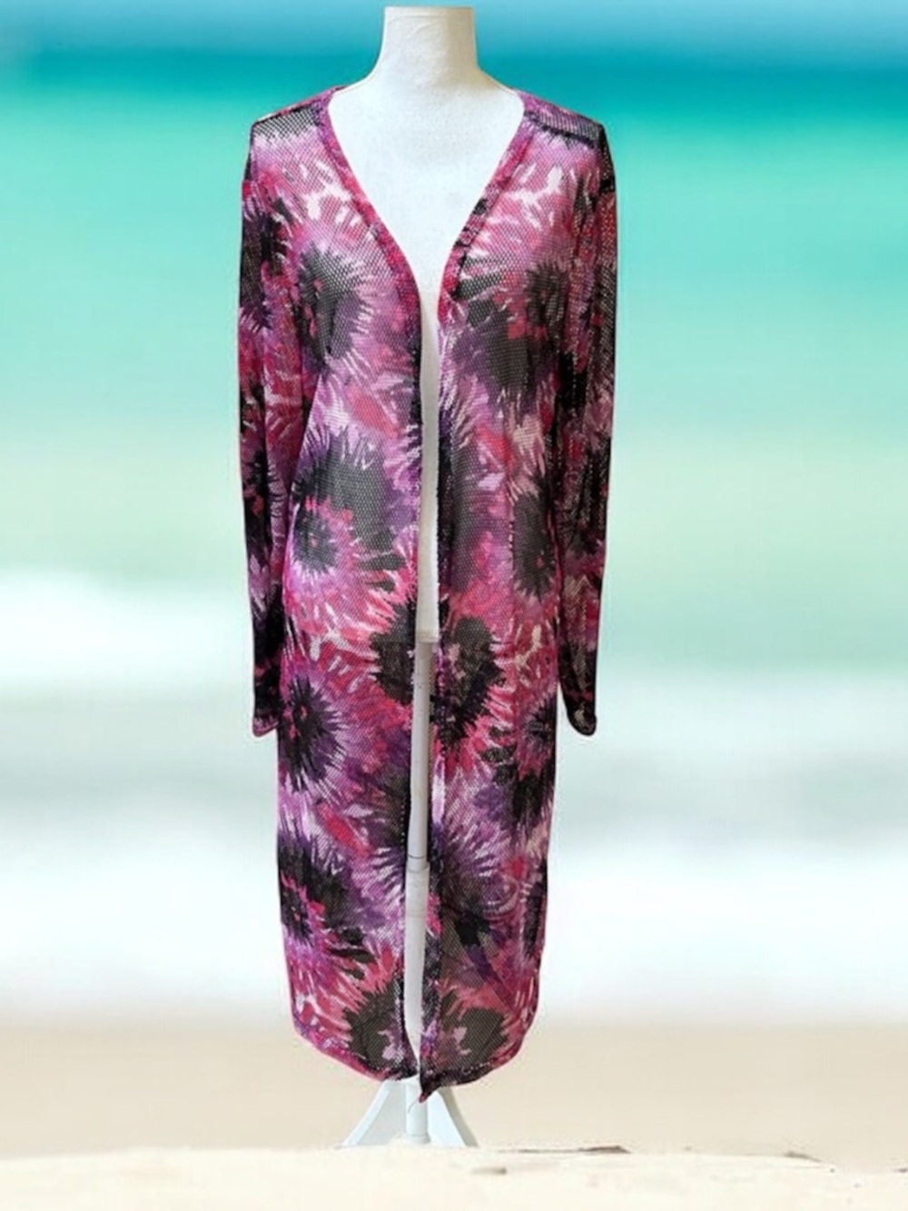 Women’s Tie Dye Long Open Front Pink Black Duster Mesh Cardigan Beach Cover Up